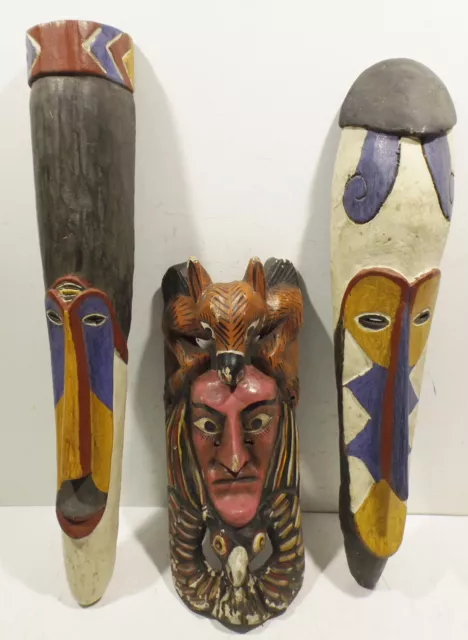 3 Old Carved Painted Masks Decor Africa, Asian Collectibles