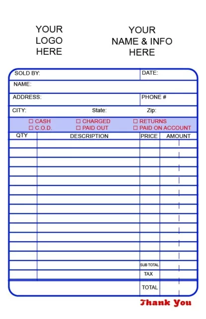 TWO Custom 3 part Receipt Book Personalized , your logo, info, numbers, & cover.