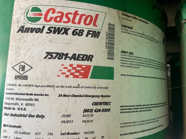 55 Gallon Drum of Castrol Anvol SWX 68 FM Fire Resistant Hydraulic Fluid