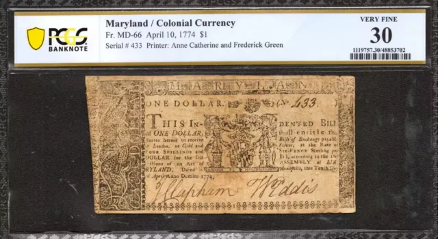 1774 $1 Maryland Colonial Currency Md-66 One Dollar 4S Note Pcgs 30 Vf (433)