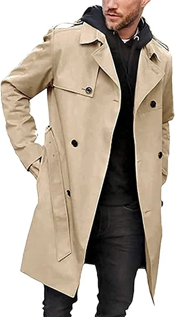 Mens Trench Coat Slim Fit Double Breasted Long Jacket Notched Lapel Belt Fall Wi