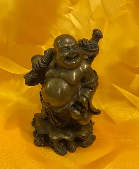 4.25” Chinese Feng Shui brass wealth lucky Maitreya Buddha statue