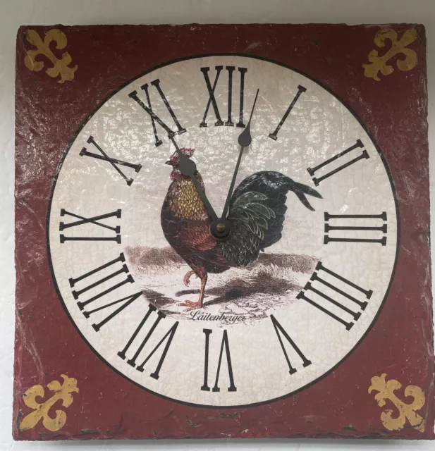 Vtg Rooster Chicken Wall Clock Handpainted Slate French Farmhouse CountryKitchen 2