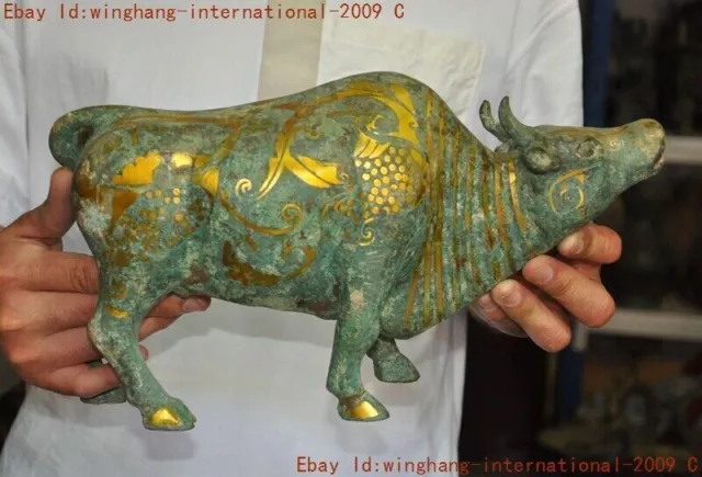 12.8"Ancient Chinese dynasty bronze ware Gilt Ox Bovine Oxen Bull market statue