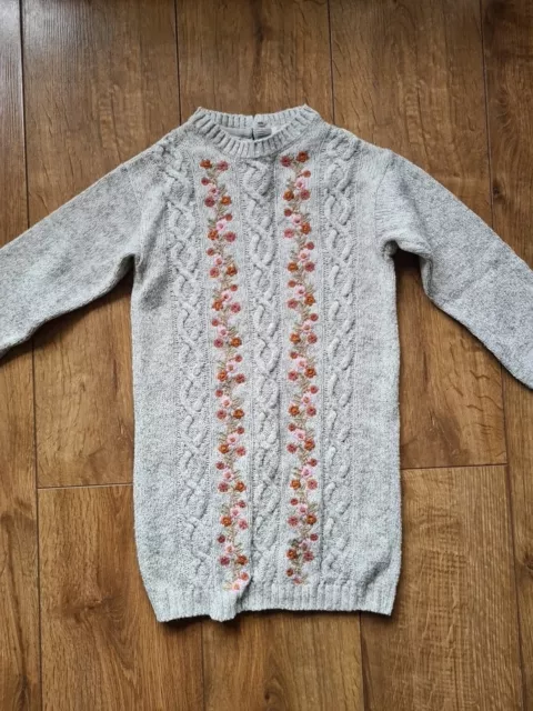 Next Girls Grey Floral Cable Knitted Long Sleeve Jumper Sweater Dress 5-6 Years