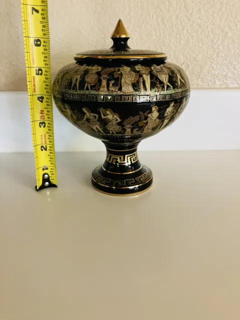 Vintage Greek Black Vase/Urn with cover/top with 24K Gold Paint Made in Greece