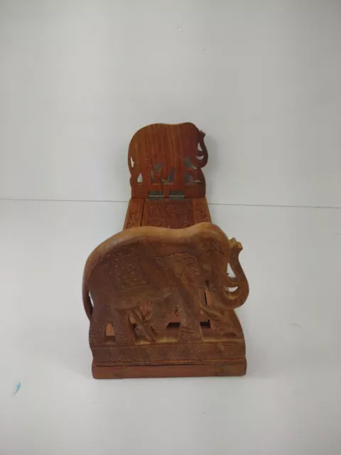 Vintage Wood Adjustable Elephant Bookend Hand Made Carved Sliding India boho