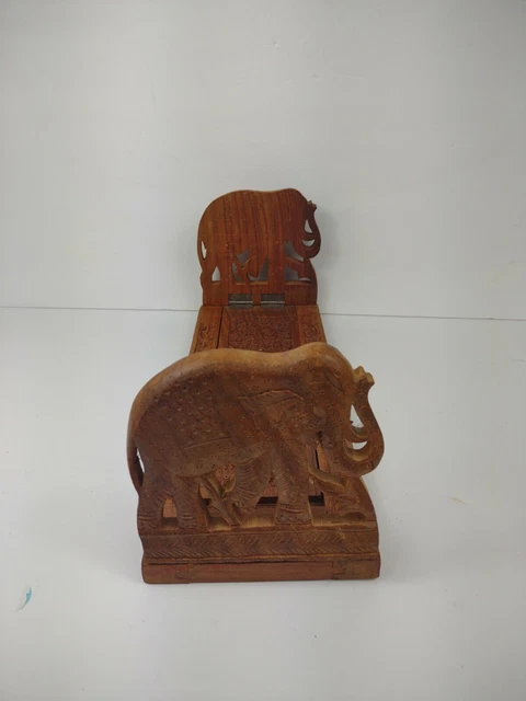 Vintage Wood Adjustable Elephant Bookend Hand Made Carved Sliding India boho