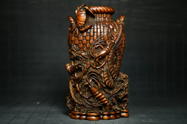 Chinese Natural Boxwood Hand Carved Exquisite Crab shrimp fish basket Brush Pots
