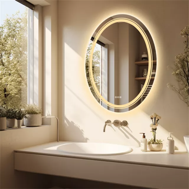 Large Oval Bathroom LED Mirror Stepless Dimmable Makeup Vanity Mirror w Demister