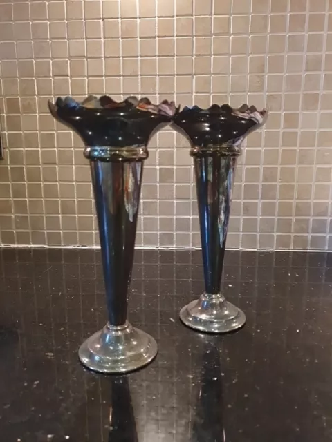 Pair Of Silver Plated Edwardian Slender Conical Flower Bud Vases