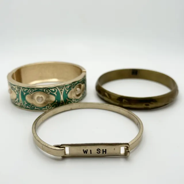 Lot Of 3 Bracelets Enamel Clamper & WISH Hook Clasp & Embossed Brass Bangle