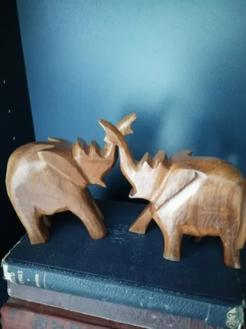 Vintage Hand Carved Wooden Pair Of Elephants