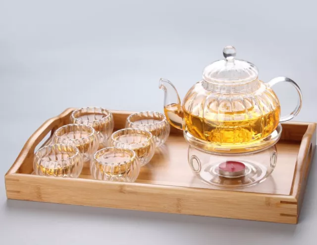 8 Pieces Glass Tea Set 600ml Pumpkin Teapot With Infuser + Teapot Warmer + 6 Cup