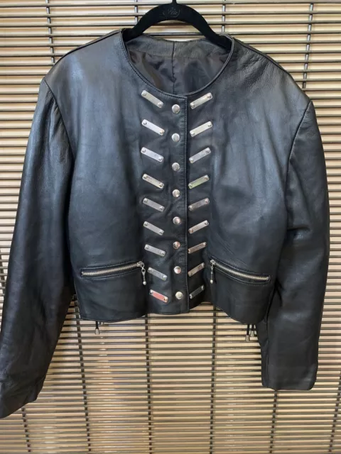 Vintage Women’s Black Leather Jacket Military Moto Marching Band Embellished