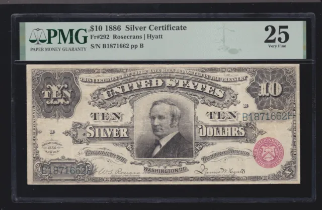 US 1886 $10 Tombstone Silver Certificate Ornate Back FR 292 PMG 25 VF (-662)