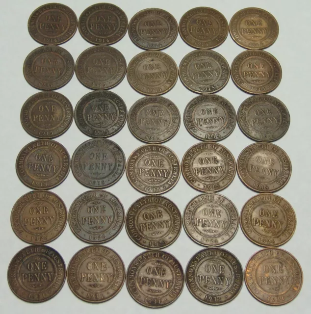 1914 1915 1915H 1918 1926 1931 Australian Pennies x 5 each, scarcer dates.