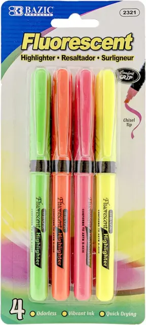 BAZIC Highlighter Pen Assorted Color, Soft Grip Chisel Tip Broad Fine Line Highl