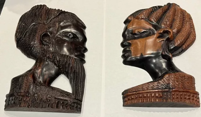 Vintage African Ebony Hand Carved Male And Female Head Wall Hangings