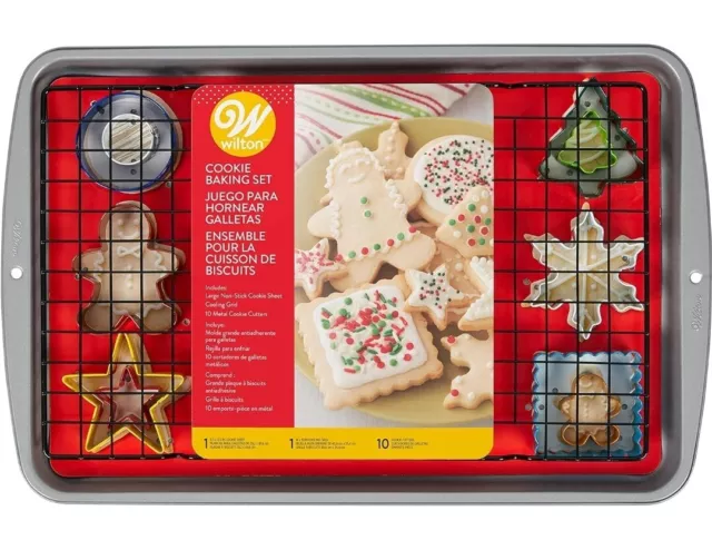 Wilton-Cookie Christmas Baking Gift Set 12 Piece Pan, Cooling Rack Sheet Cutters