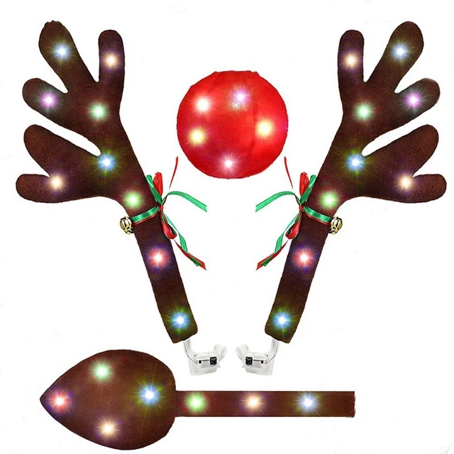 Décorations Voiture Renne De Noël REHOC - Avec Bois, Nez Rouge Et Lumières LED