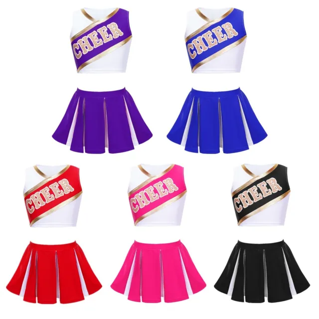 Costume uniforme da cheerleading per ragazze lettere lucide stampate top con gonna a pieghe