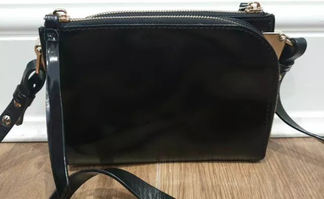 REISS Black Leather Shine ARNOTT Double Pouch Zipper Cross Body Shoulder Bag