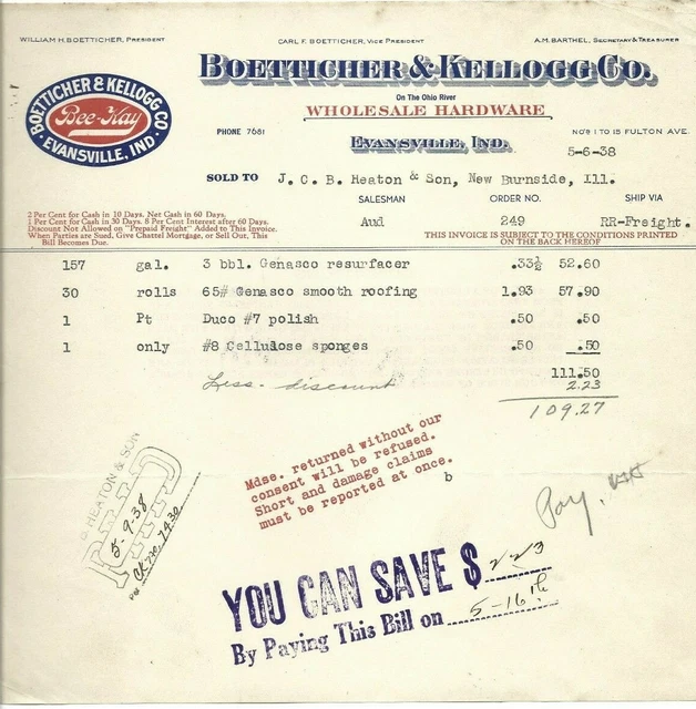 Boetticher & Kellogg Co (Bee-Kay),1938 Letterhead, Evansville, Indiana