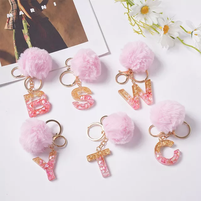 Cute Keyring Pink Pompom Ball 26 Letter Keychain Resin Key Chains Bag Charms