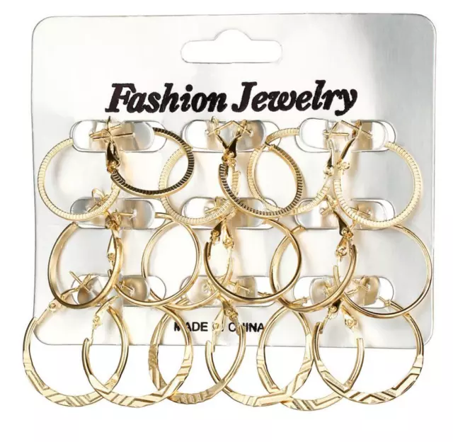 9 Pairs Fashion Silver Gold Round Circle Hoop Earrings Set Pack Jewellery Gift