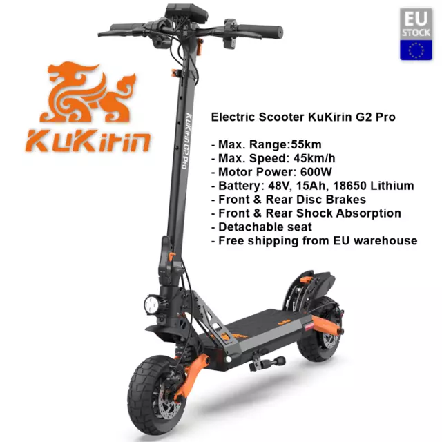 Electric Scooter KuKirin G2 Pro 600W, 9", Max Speed 45km/h, Max Range 55km, IP54