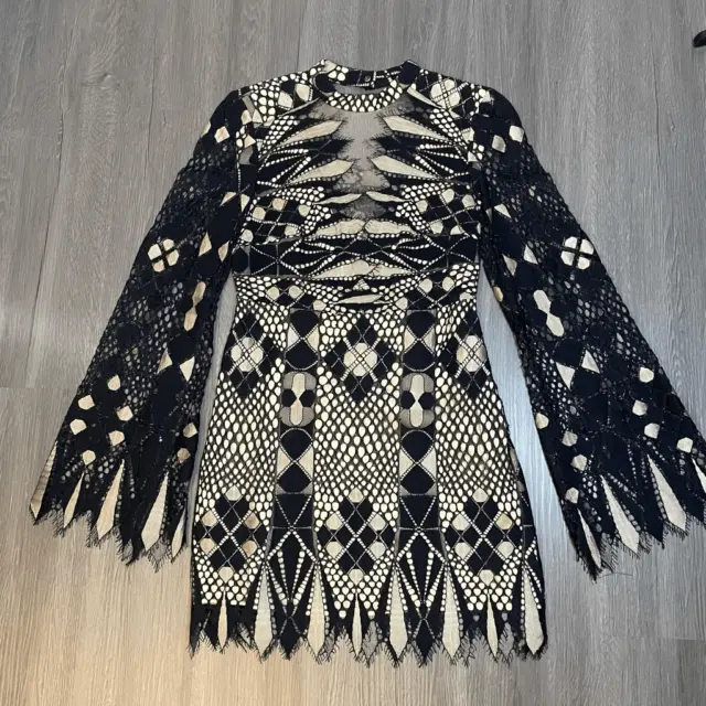 Free People Art Deco Black Lace Mini Dress Long Sleeves Cocktail Size Small Size