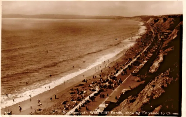 Dorset Postcard Bournemouth 1932 Real Photo West Cliff Sands Beach Huts People