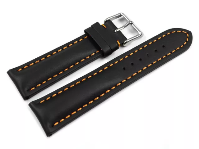 Uhrenarmband - Leder - stark gepolstert - glatt schwarz - orange Naht