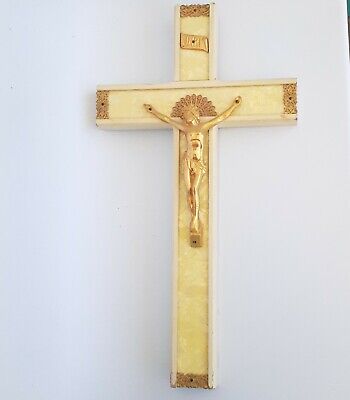 Vintage Metal Wood Crucifix Cross Jesus Christ Wall Gold Tone Mid Century