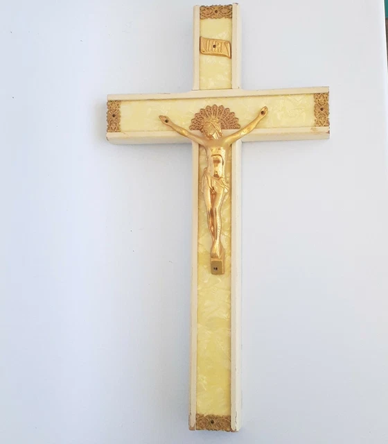 Vintage Metal Wood Crucifix Cross Jesus Christ Wall Gold Tone Mid Century