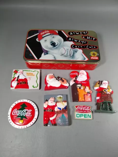 Vintage 1990's Coke Coca Cola LOT of 7 Magnets and Tin Reefer Refrigerator Santa