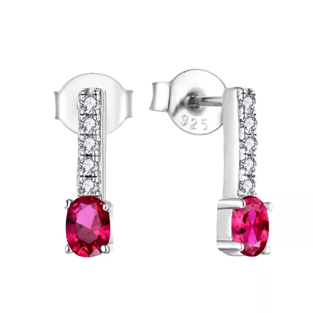 925 Sterling Silver Ruby CZ Oval Solitaire Drop Stud Earrings Rhodium Overlay