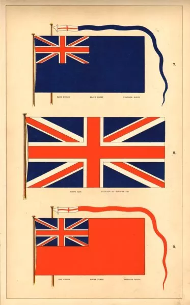 BRITISH MARITIME FLAGS. Blue Ensign; Union Jack; Red Ensign. HOUNSELL 1873