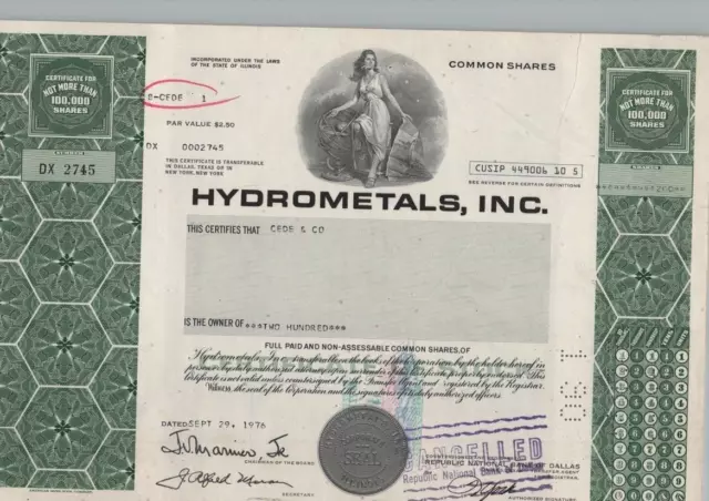 Hydrometals Inc....1976 Common Stock Certificate