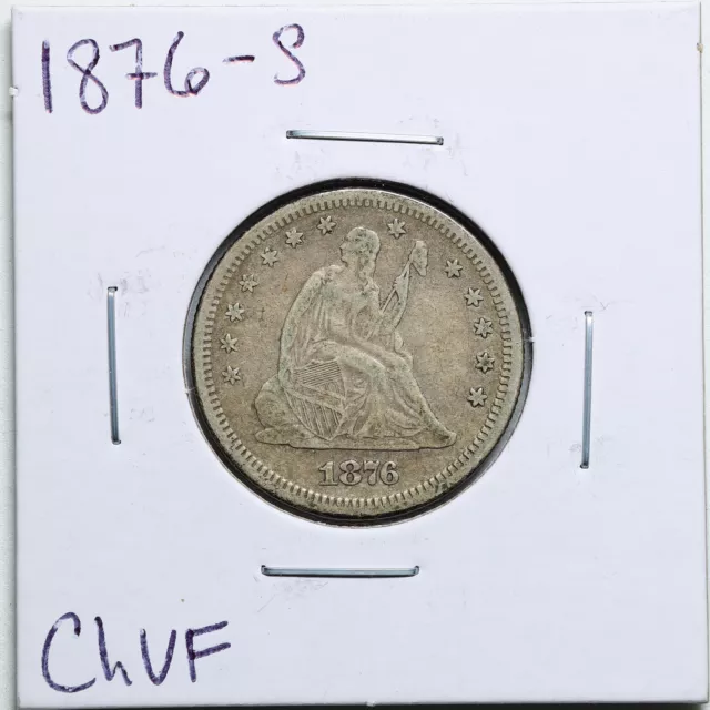 1876-S 25C Seated Liberty Quarter Dollar in Choice VF Condition #BH00992