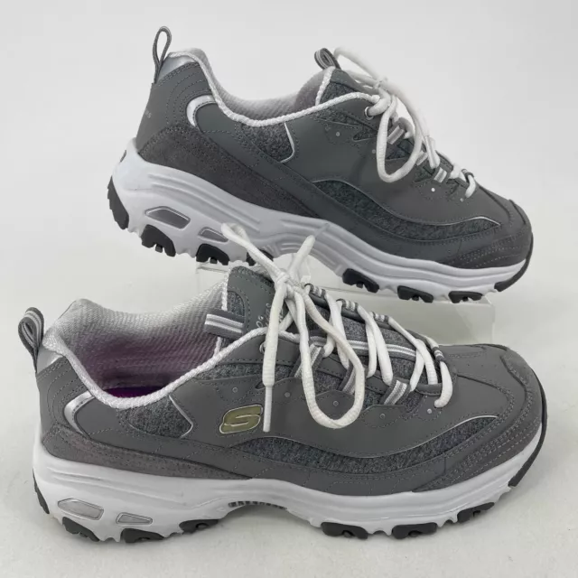 Skechers D'Lites WOMENS Gray White Leather Lace Up Athletic Shoes Sneakers 10