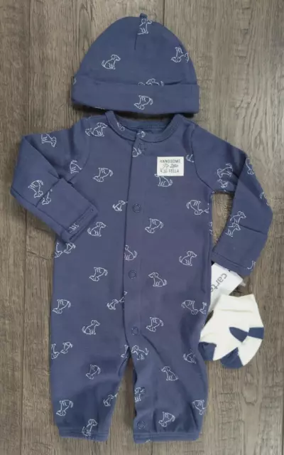 Baby Boy Clothes New Carter's Preemie 3pc Handsome Fella Dog Outfit/Gown Hat