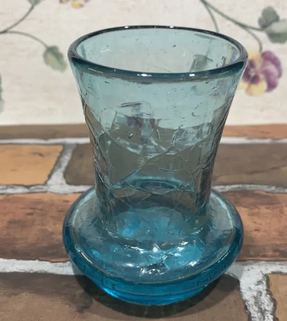 Vintage Crackle Glass Aqua Blue lower Profile Bud Vase. Pilgrim?