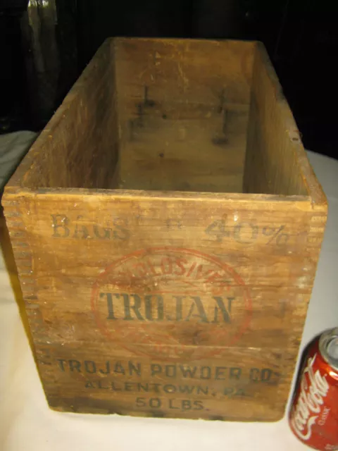Antique Wood Trojan Explosives Gun Powder Co Art Sign Mining Science Display Box