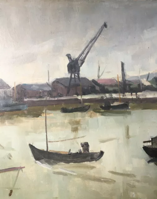 Tableau Piet VOLCKAERT (1902-1973) HST Bateaux à quai avec grue Marine urbaine 3