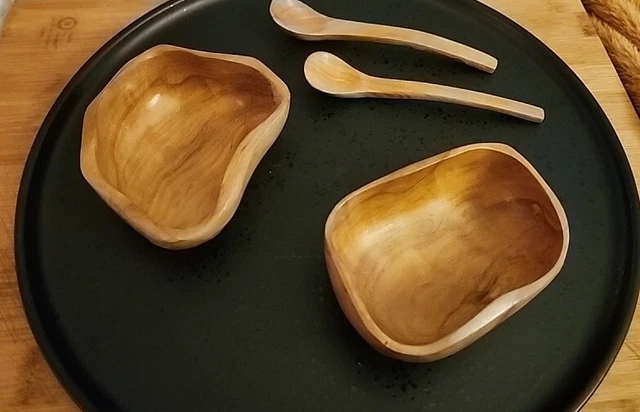 Vintage hand carved wooden Spice bowls and Spoons, Rustic Teak or Olive Wood