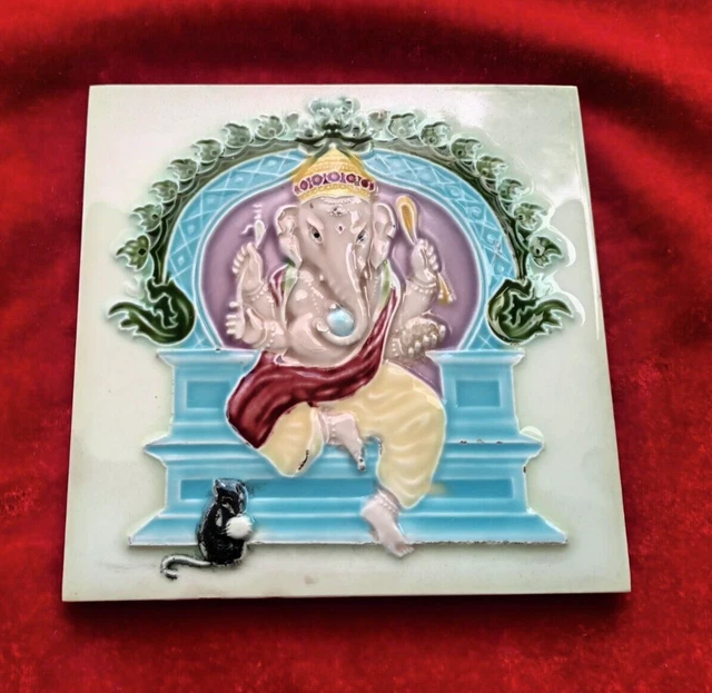1 Piece Old Art God Ganesh Ji Design Embossed Majolica Ceramic Tiles Japan 0335 2