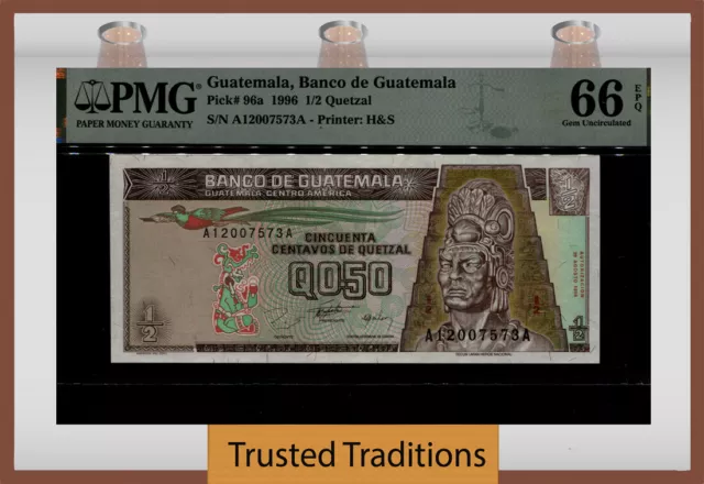 TT PK 96a 1993 GUATEMALA 1/2 QUETZAL PMG 66 EPQ GEM UNCIRCULATED