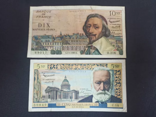 Lot 2 Billets : 10 NF Richelieu et 5 NF Victor Hugo